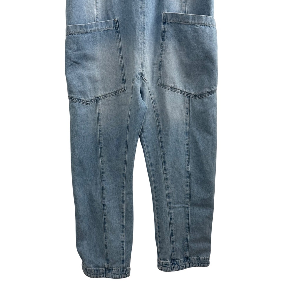 Free People High Roller Denim Overalls Medium Blue Boho Slouchy Harem Jumpsuit - Picture 5 of 12